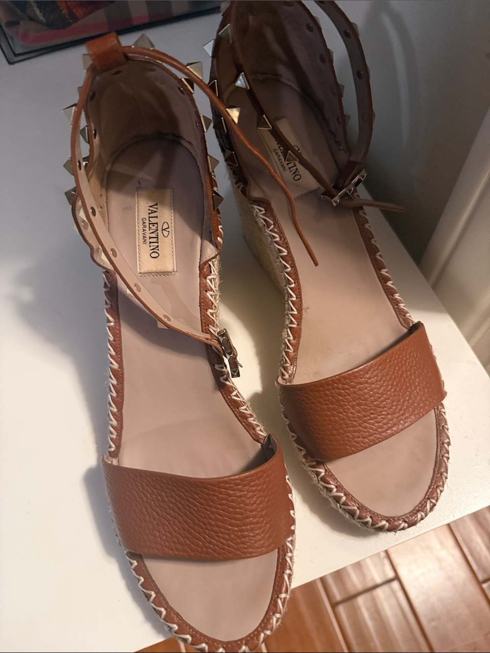 Valentino Tan Leather Espadrille Sandal with Rockstud Ankle Strap